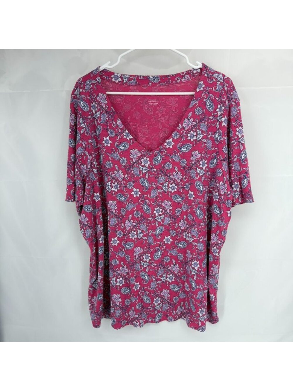 J Jill Women 3X Pima Slub Elbow Sleeve Tee Shirt Pink Floral V Neck Everyday Top